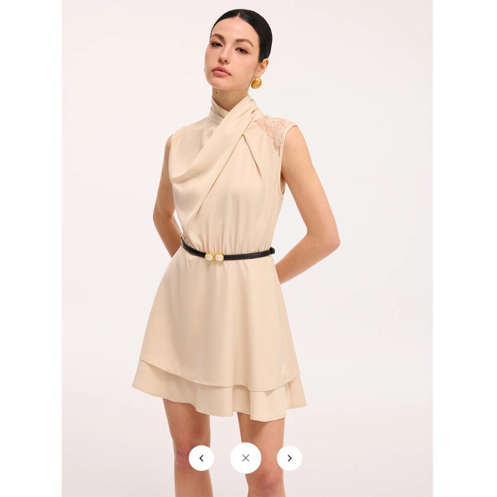 NWT Commense Layered Hem Lace Panel Satin Dress without Belt Sz M